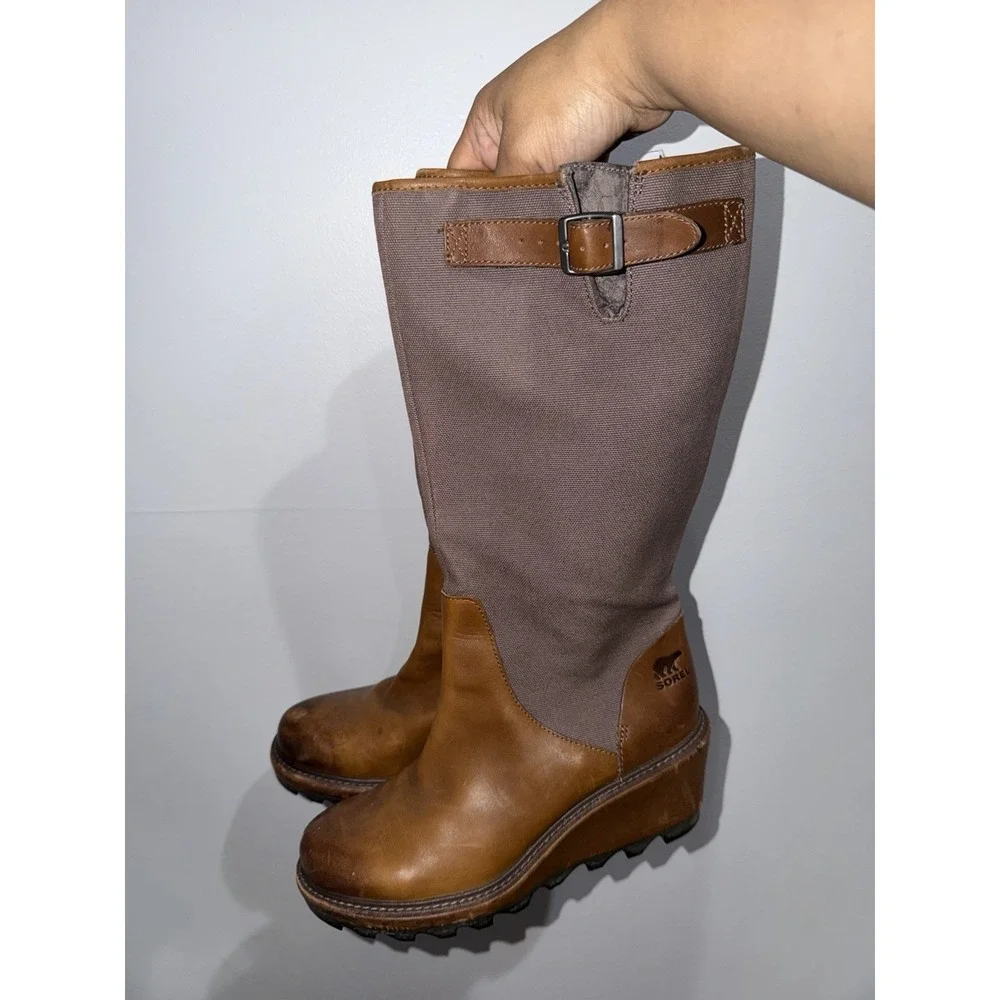 Women's 9.5 Sorel Cool Canvas Boots Brown Leather Knee High Wedge Side Zip‎ Tall